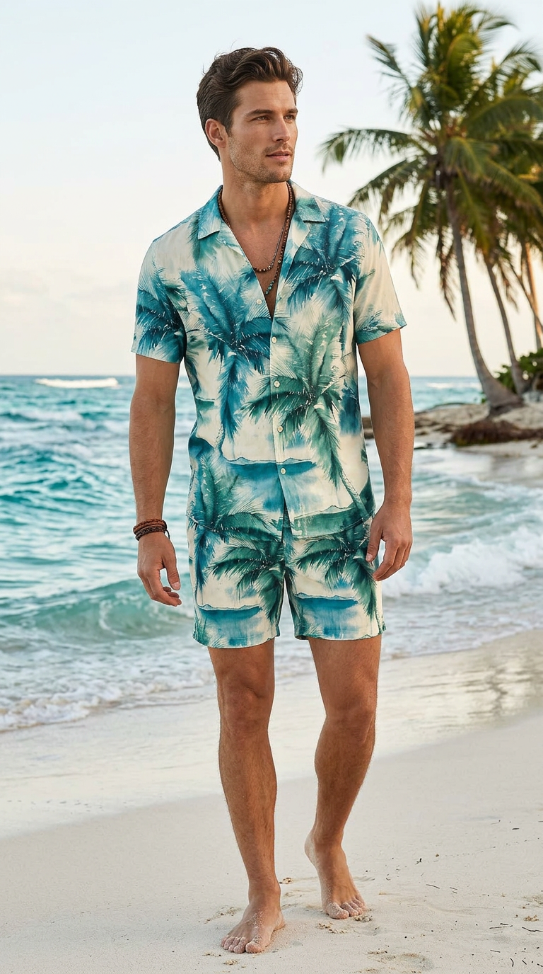 MENS SHORTS AND SHIRT TROPICAL PRINT #CSBR8022